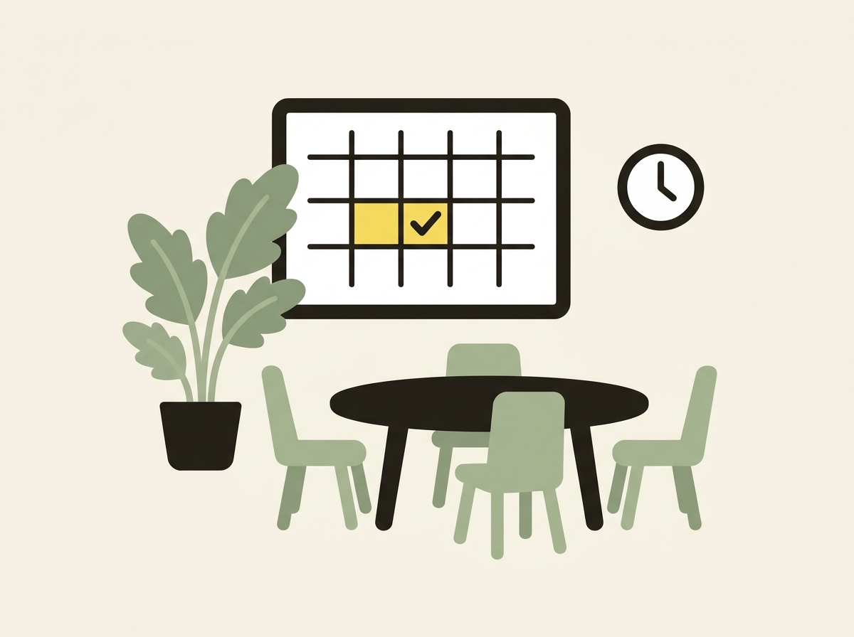 Illustration of a meeting room with a booked slot ticked on the wall calendar
